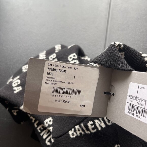 NWT Balenciaga Crewneck Pullover Knit Sweater Black White Mini Logo Allover - Picture 9 of 11